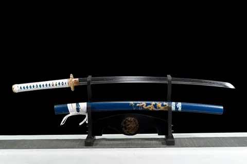 Katana Kurao en acier T10 avec bo-hi, saya bleu au dragon doré