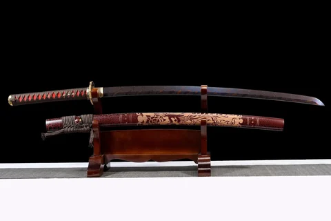Katana Kurenai Hana en acier de Damas, tressage marron et rouge
