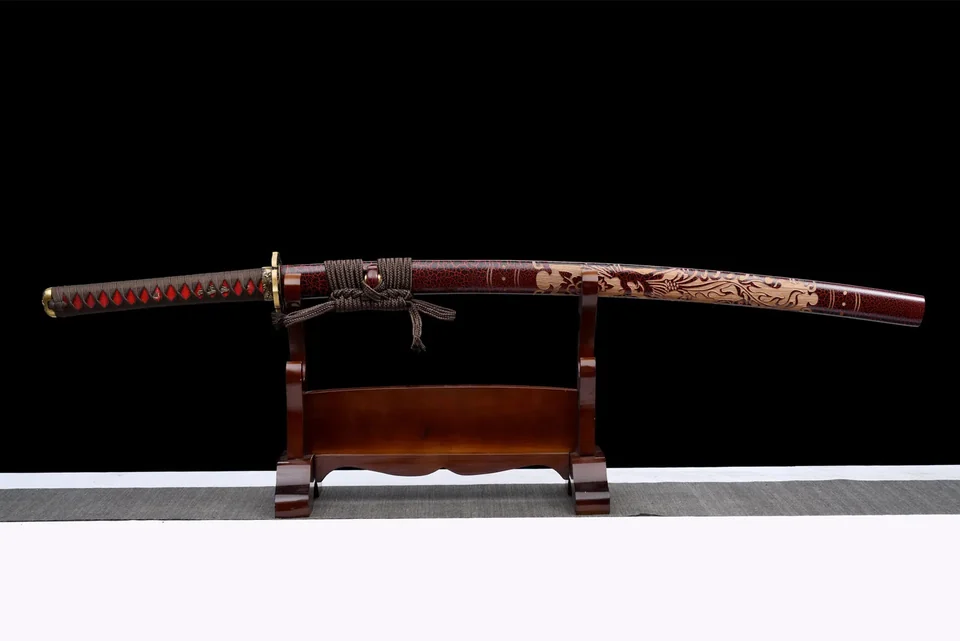Katana Kurenai Hana en acier de Damas, tressage marron et rouge, vue 2