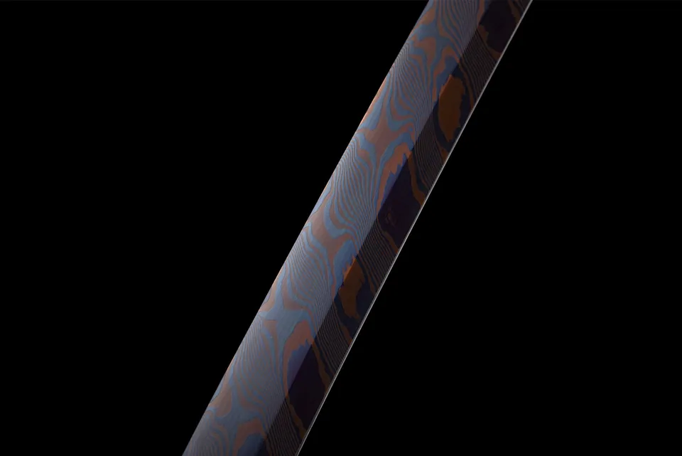 Katana Kurenai Hana en acier de Damas, tressage marron et rouge, vue 4