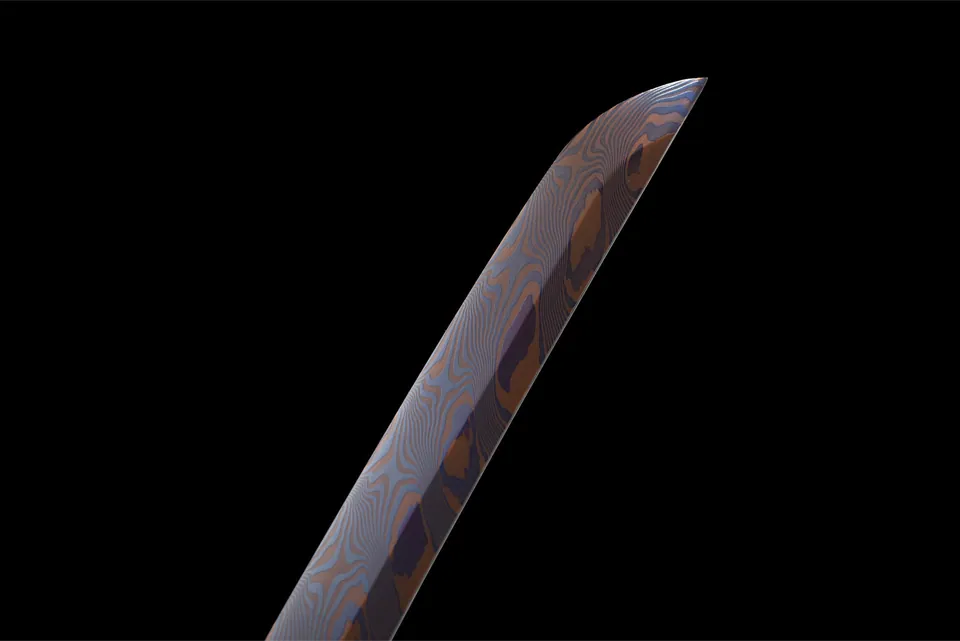 Katana Kurenai Hana en acier de Damas, tressage marron et rouge, vue 5