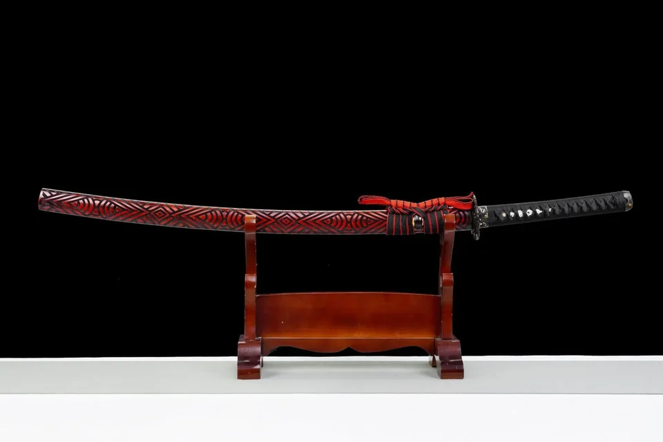 Katana Kurenai no Kaze en acier damas, saya rouge cramoisi, vue 2