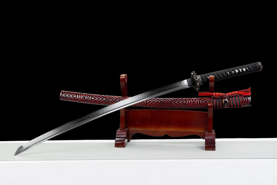 Katana Kurenai no Kaze en acier damas, saya rouge cramoisi, vue 3