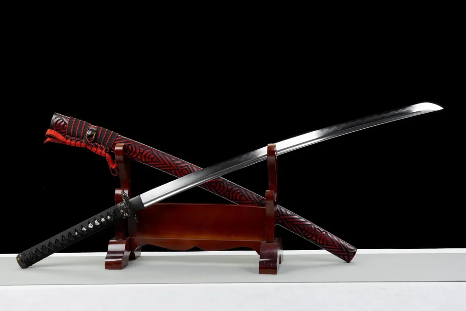 Katana Kurenai no Kaze en acier damas, saya rouge cramoisi, vue 4