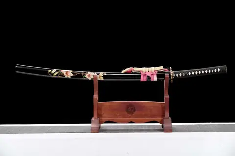 Katana Kyokujitsu en acier san mai T10 et Damas, saya noire aux sakura
