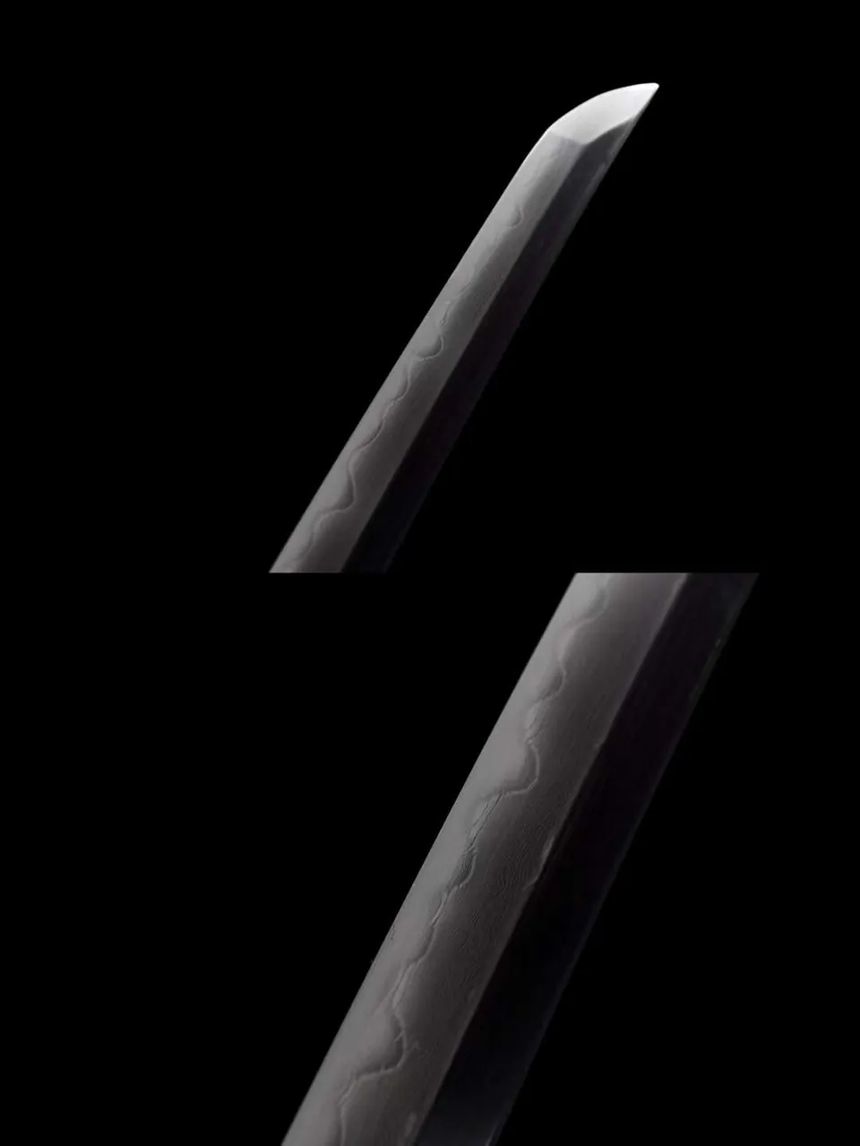 Katana Kyokujitsu en acier san mai T10 et Damas, saya noire aux sakura, vue 6