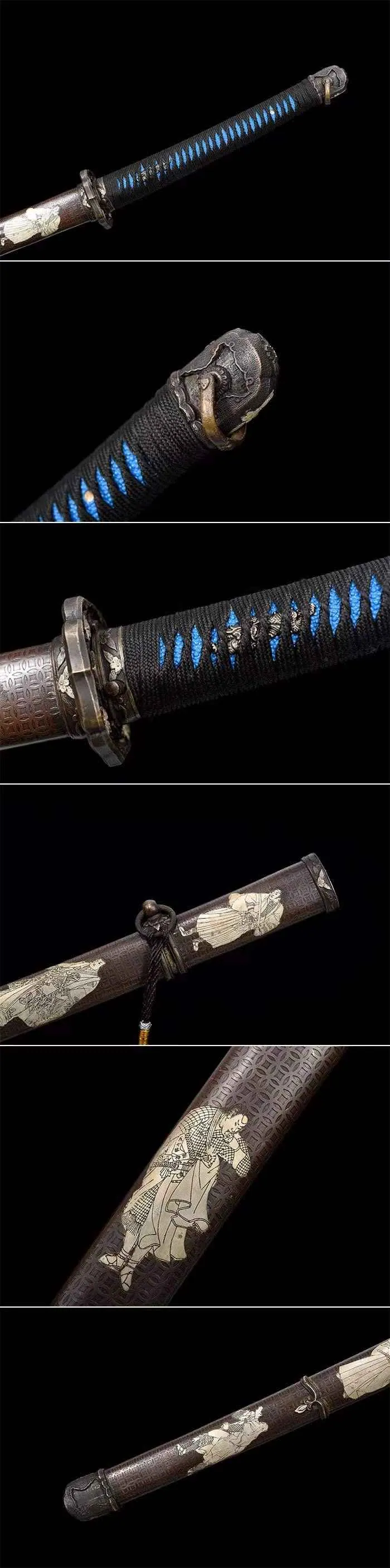 Katana Miyamoto en acier T10, saya et tsuba en cuivre sculpté, vue 5