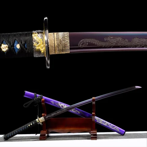 Katana Murasaki Ryū en acier 1060 violet, bo-hi et dragon gravé