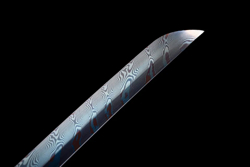 Katana Muromachi en acier de Damas, saya noire et sageo bleu et marron, vue 6