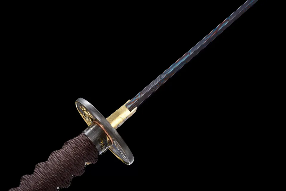 Katana Muromachi en acier de Damas, saya noire et sageo bleu et marron, vue 8