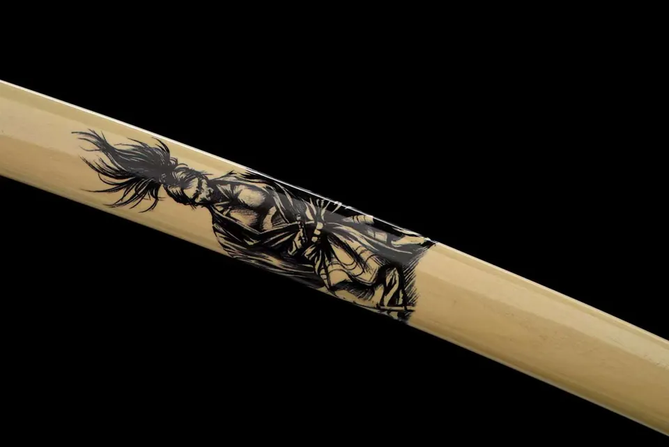 Katana Musashi en acier damas avec bo-hi, saya beige, sageo bleu, vue 5