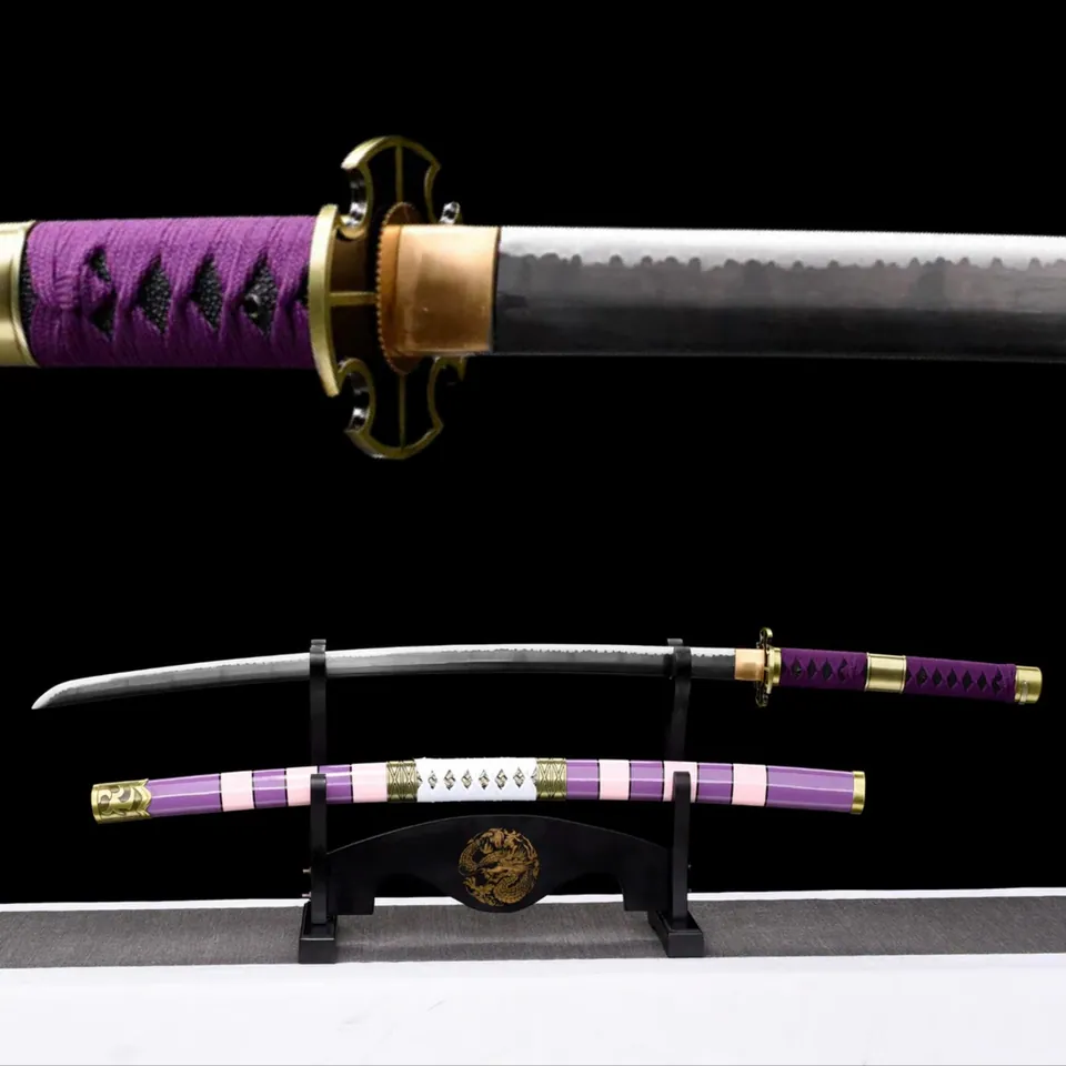 Katana Nidai Kitetsu inspiré de One Piece, acier 1060, cordage violet