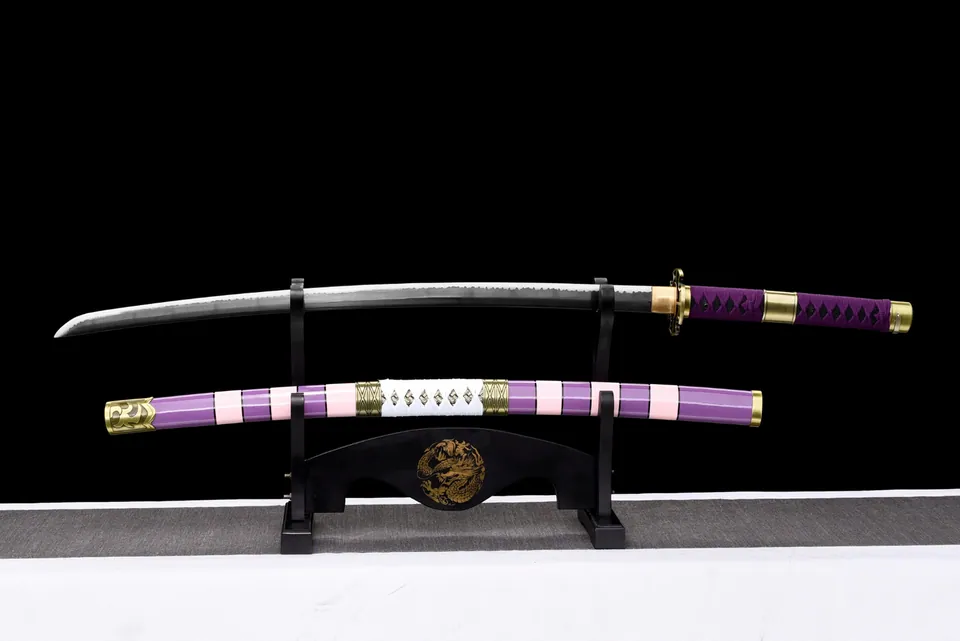 Katana Nidai Kitetsu inspiré de One Piece, acier 1060, cordage violet, vue 2