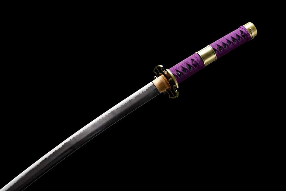 Katana Nidai Kitetsu inspiré de One Piece, acier 1060, cordage violet, vue 4