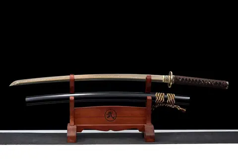 Katana Nobunaga en acier au manganèse, lame dorée, saya en ébène