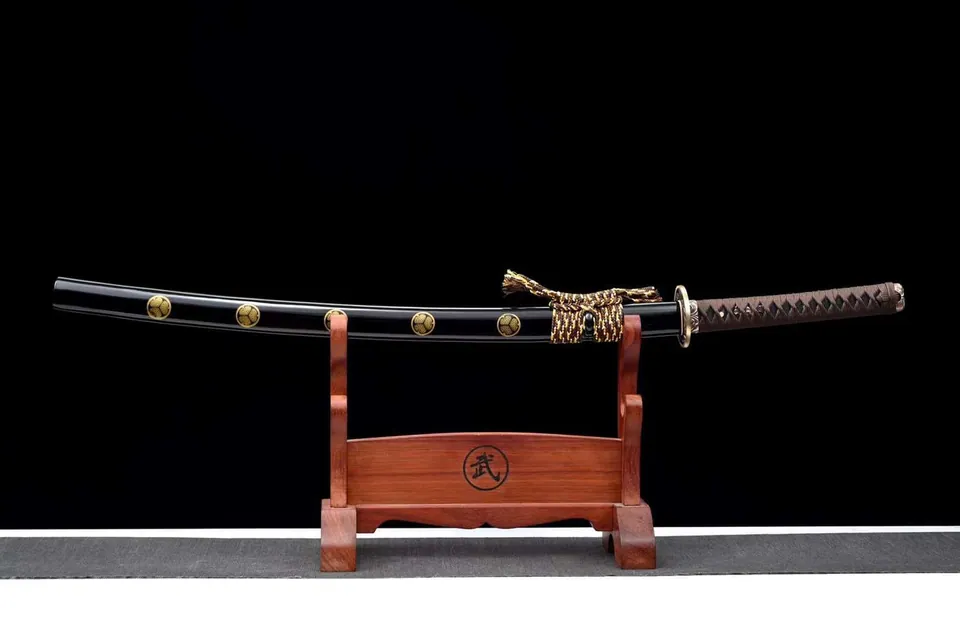 Katana Nobunaga en acier au manganèse, lame dorée, saya en ébène, vue 2