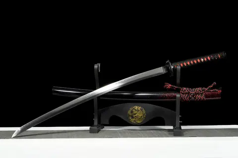 Katana Pimpas en acier T10, hamon ondulé, cordage rouge et noir