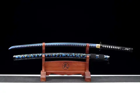 Katana Rei en acier au manganèse, lame bleue, tsuba en fer sculpté