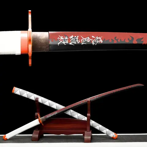 Katana Rengoku Demon Slayer en acier 1060, tsuba en fer sculpté