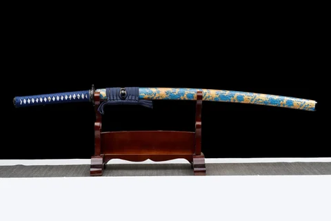 Katana Ryu no Kiba, hamon midare, saya bleu et or craquelé