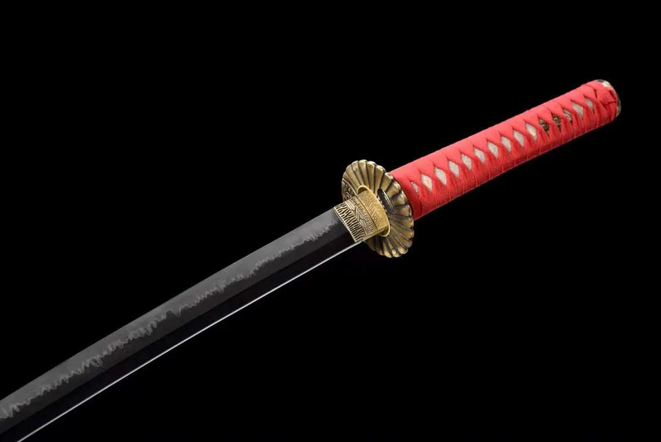 Katana Sabana en acier T10, hamon vague, saya rouge aux tigres, vue 4