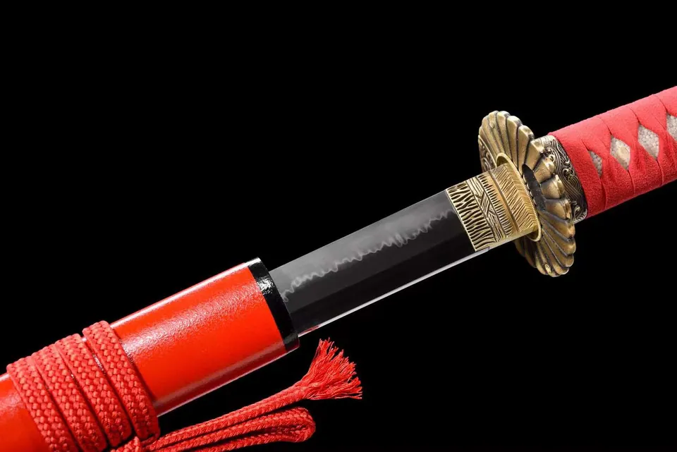 Katana Sabana en acier T10, hamon vague, saya rouge aux tigres, vue 6