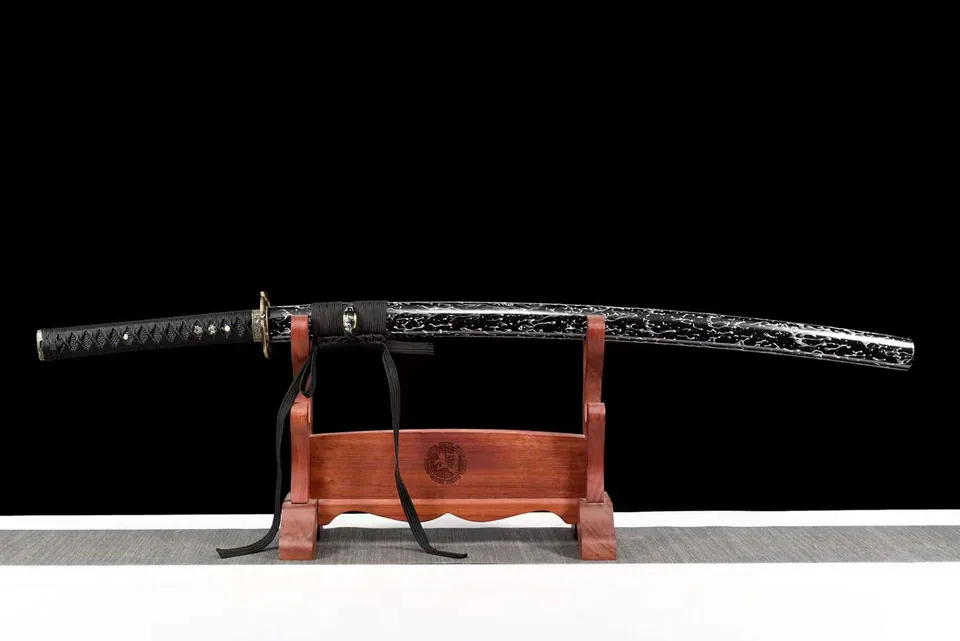 Katana Saru en acier à ressort avec bo-hi, saya noir