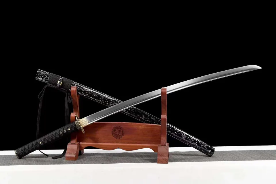 Katana Saru en acier à ressort avec bo-hi, saya noir, vue 2