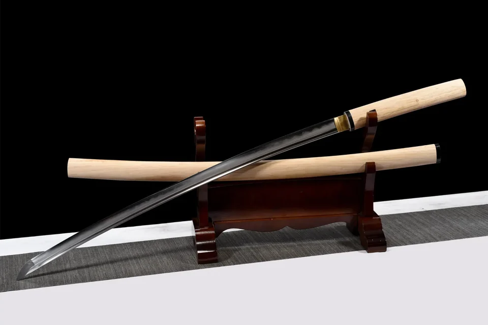 Katana Shirasaya en acier de Damas à hamon, monture en bois naturel, vue 2