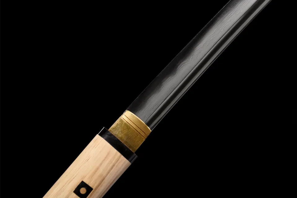 Katana Shirasaya en acier de Damas à hamon, monture en bois naturel, vue 7