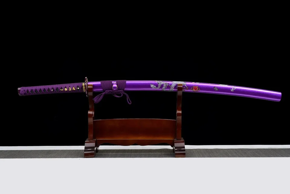 Katana Shiryū no Yaiba en acier 1060, dragons dorés et argentés, vue 2