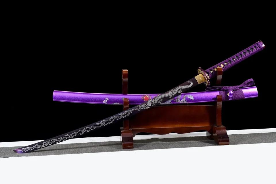 Katana Shiryū no Yaiba en acier 1060, dragons dorés et argentés, vue 4