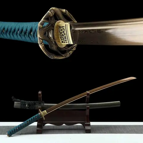 Katana Shizen en acier damas, lame dorée avec gorge, saya verte
