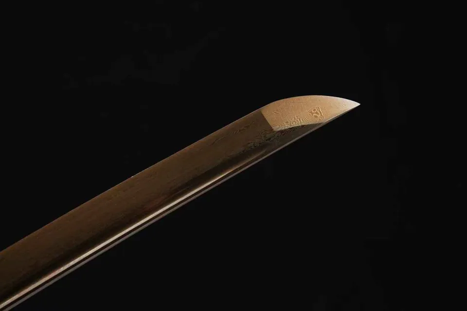 Katana Shizen en acier damas, lame dorée avec gorge, saya verte, vue 7