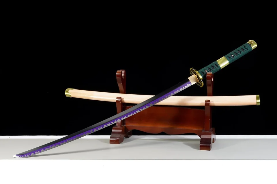 Katana Shodai Kisetsu en acier 1065, motif de vagues violet, vue 4
