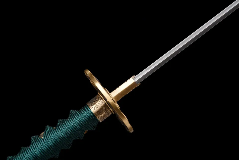 Katana Suirantō en acier damas, tsuka vert jade, saya à la neige, vue 8