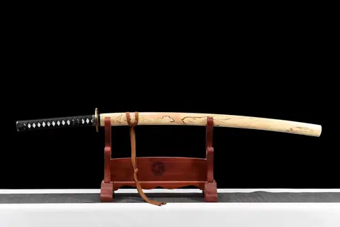 Katana Ten en acier damas avec bo-hi, saya beige et sageo marron