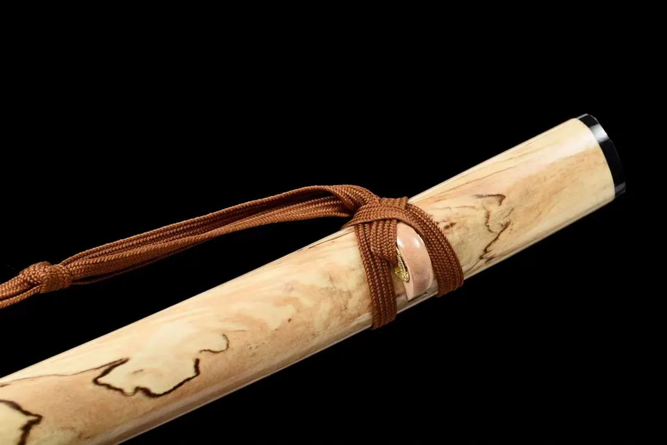 Katana Ten en acier damas avec bo-hi, saya beige et sageo marron, vue 6