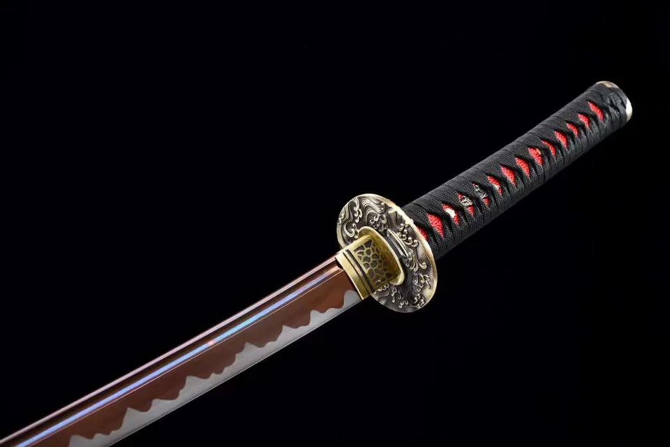Katana Tengu en acier au manganèse, lame marron, saya en ébène, vue 6