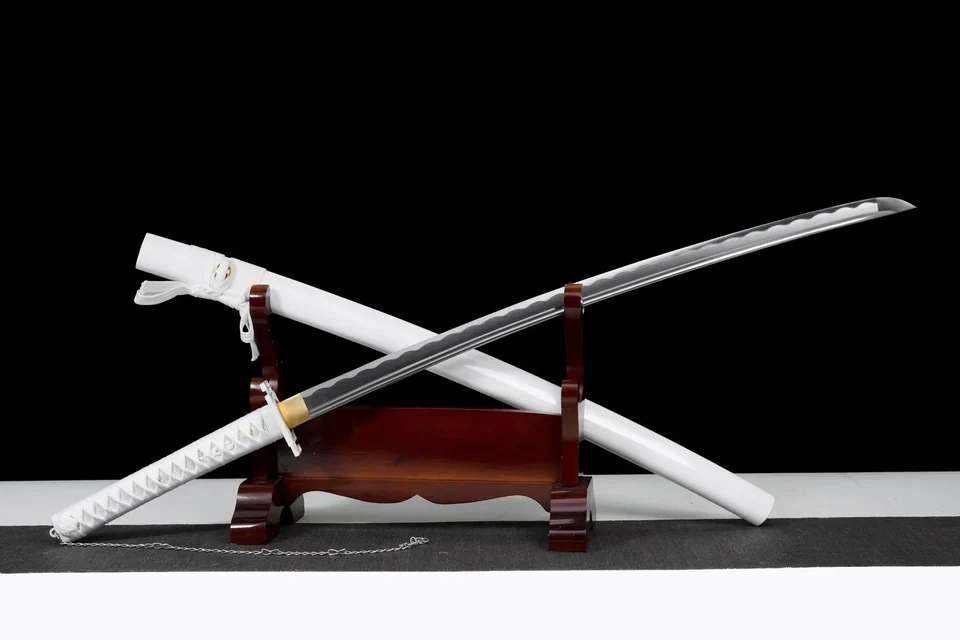 Katana Tensa Zangetsu blanc, inspiré de Bleach, acier 1060 à hamon, vue 2