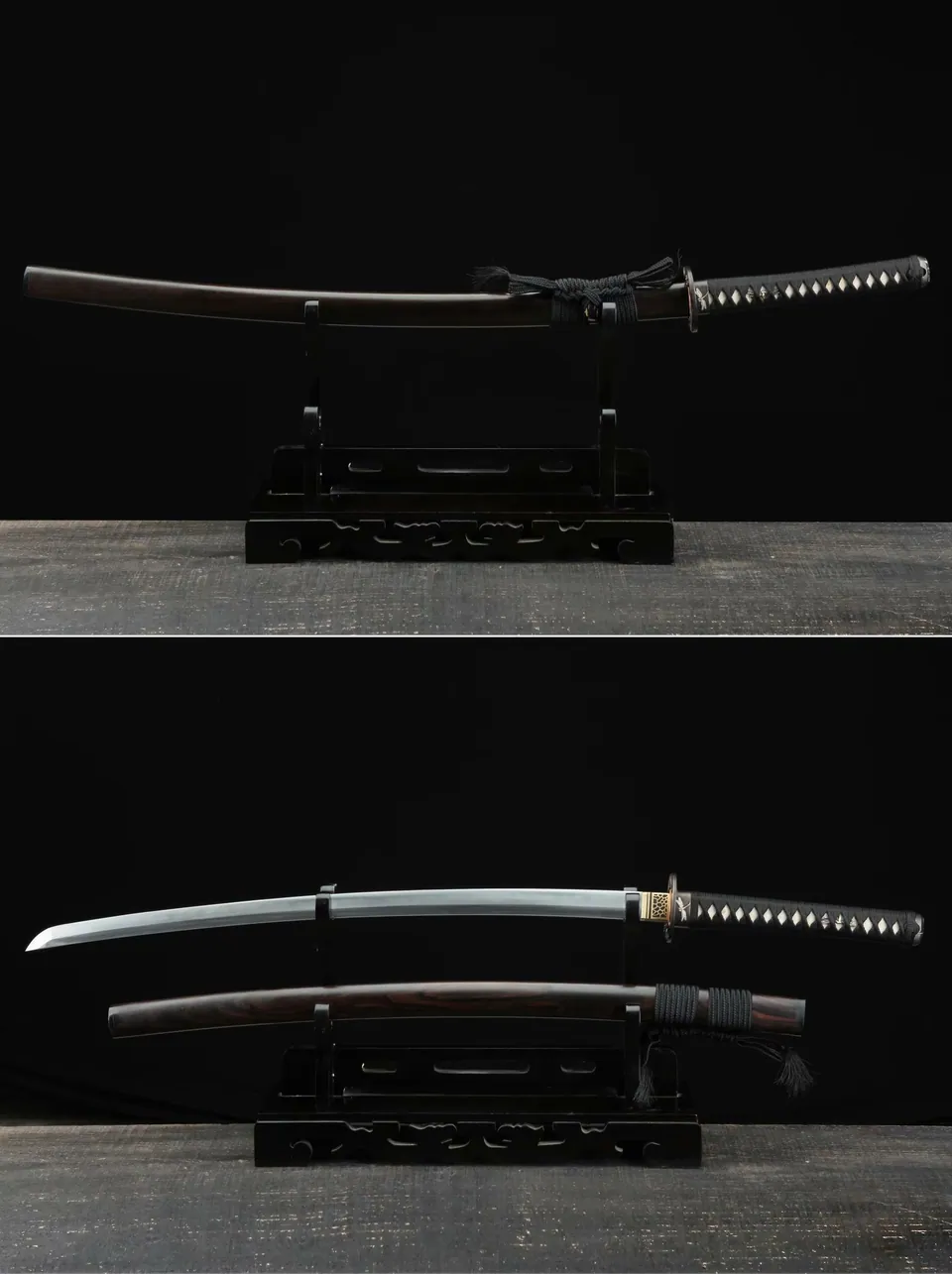 Katana Tonbo en acier damas avec hamon, saya en ébène massif, vue 3
