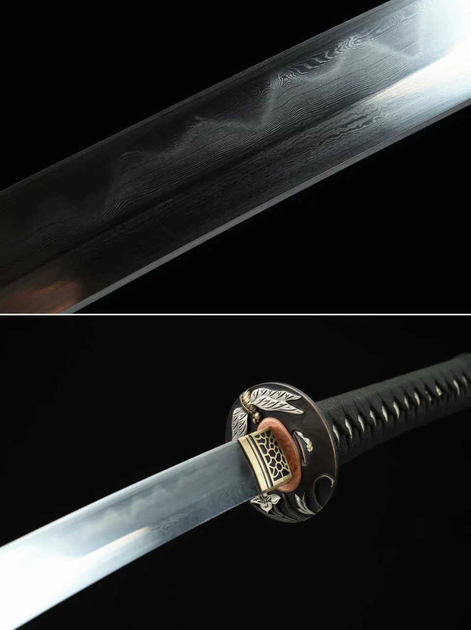 Katana Tonbo en acier damas avec hamon, saya en ébène massif, vue 4