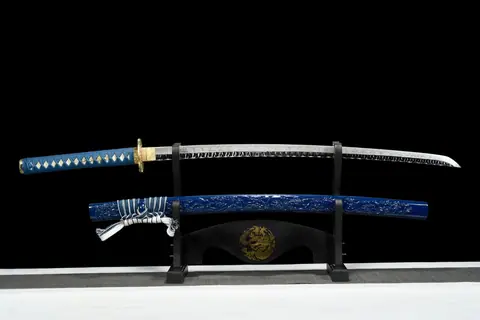 Katana Umi en acier T10, hamon complexe, saya bleu sculpté au dragon