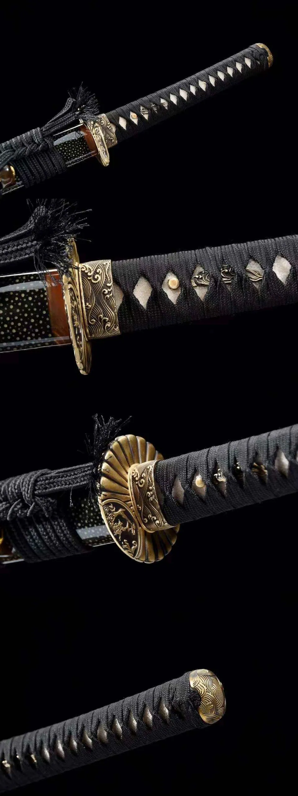 Katana Yami en acier damas avec hamon, tsuka en peau de poisson, vue 2