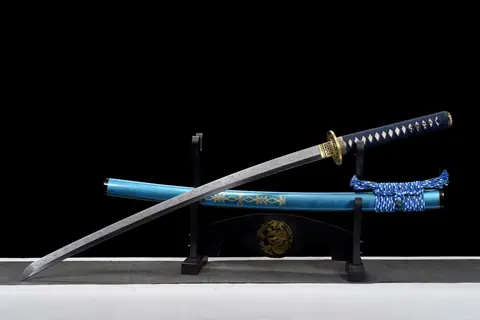 Katana Yonaguni en acier T10, hamon croisé, saya bleu clair laqué