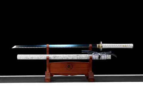 Ninjatō Fuyu en acier carbone bleu, fourreau laqué blanc
