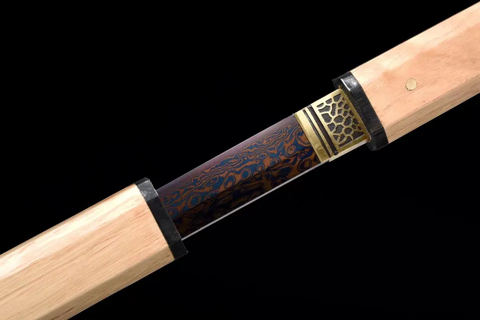 Ninjatō Ki en acier damas, monture en bois naturel sans garde, vue 6