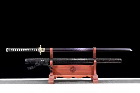 Ninjatō Nami en acier damas, fourreau laqué noir et tsuba cuivre