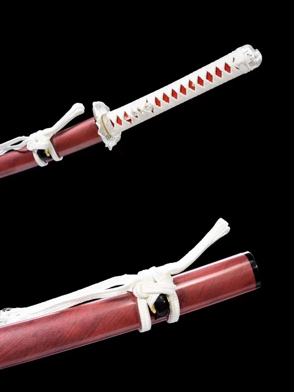 Katana japonais en acier 1060 violet, dragon gravé, saya rouge, vue 5