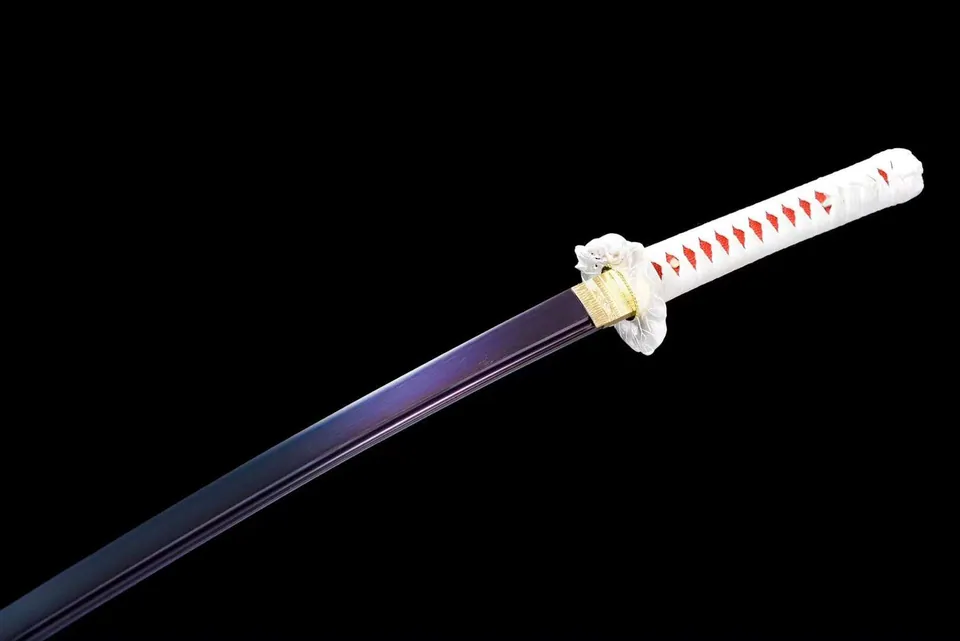 Katana japonais en acier 1060 violet, dragon gravé, saya rouge, vue 6